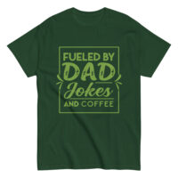 Green T-shirt with dad jokes and coffee print.