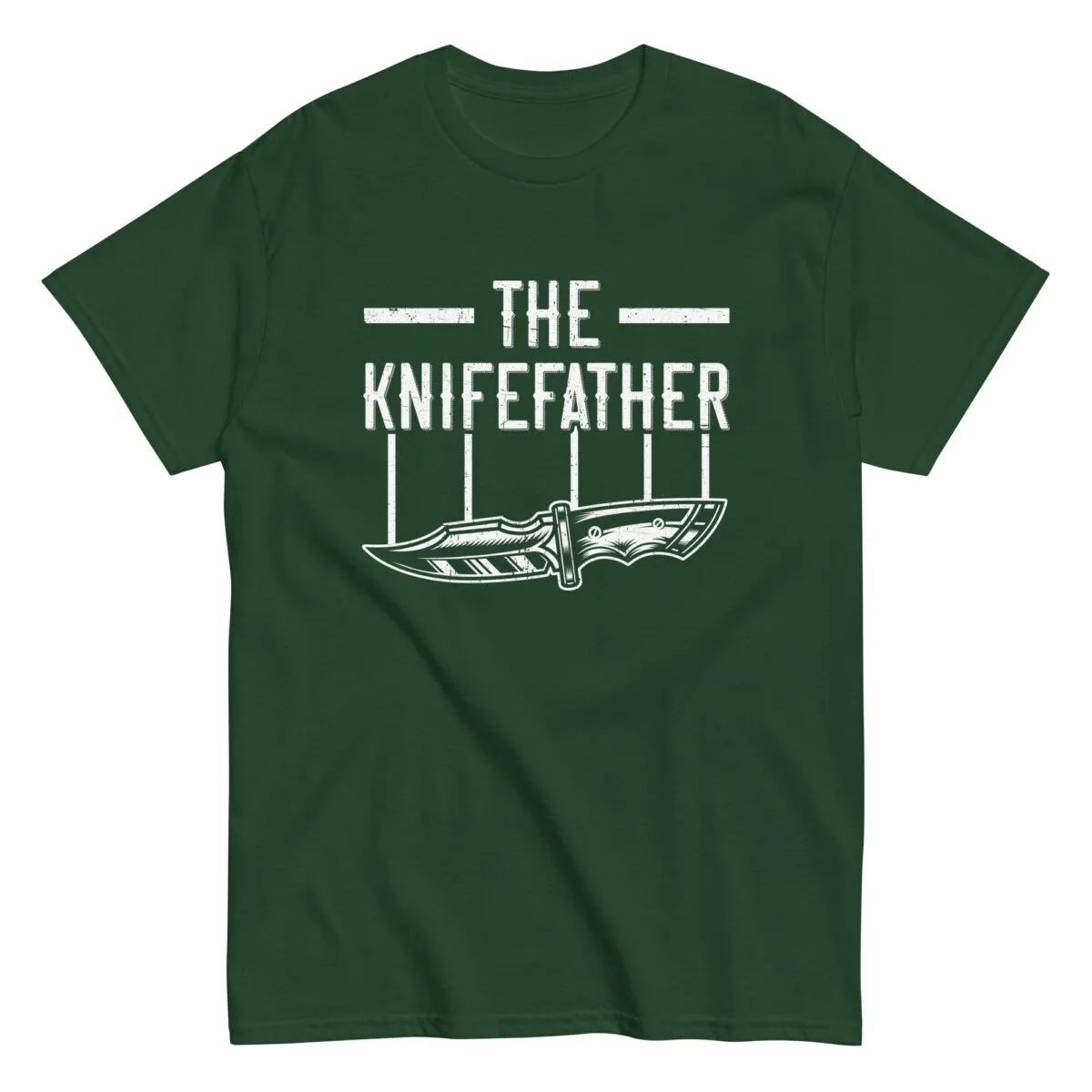 Green T-shirt with knife graphic and text.