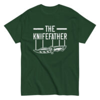 Green T-shirt with knife graphic and text.