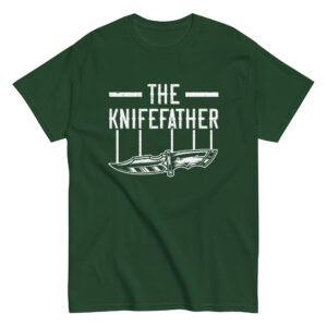 Green T-shirt with knife graphic and text.