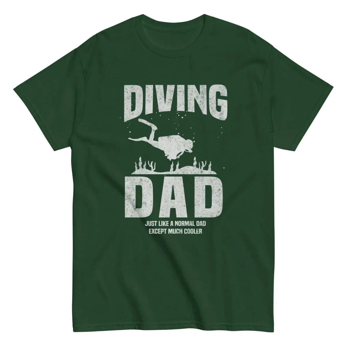 Green t-shirt with 'Diving Dad' design