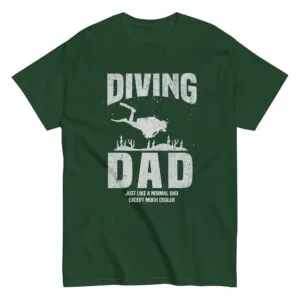 Green t-shirt with 'Diving Dad' design