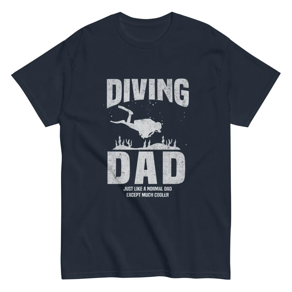 Navy t-shirt with 'Diving Dad' graphic design.