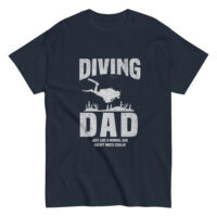 Navy t-shirt with 'Diving Dad' graphic design.