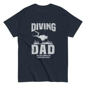 Navy t-shirt with 'Diving Dad' graphic design.