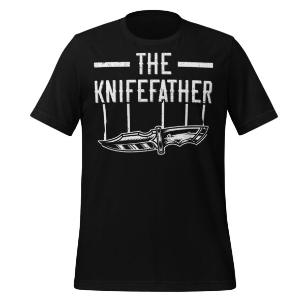 T-shirt with the phrase “The Knifefather” in bold lettering, inspired by knife collecting culture