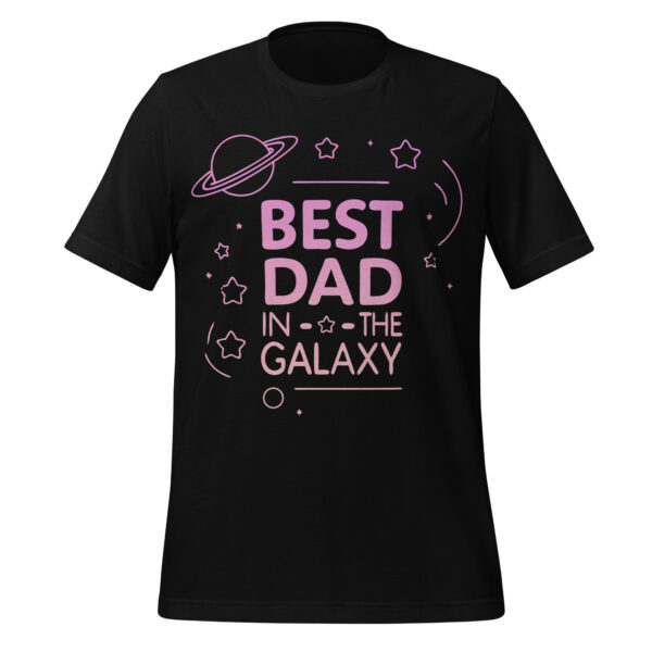 T-shirt with the phrase “Best Dad in the Galaxy” in bold, space-themed lettering