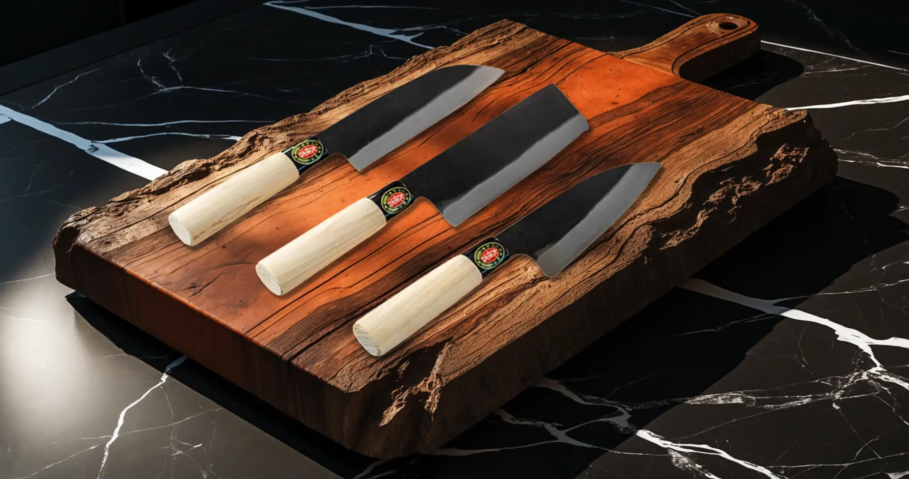 Three knives on wooden cutting board.