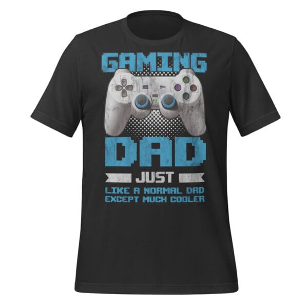 Black shirt with gamer dad graphic and text