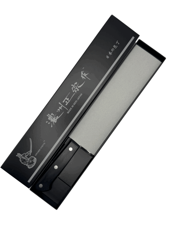 Japanese knife in black box, open view.
