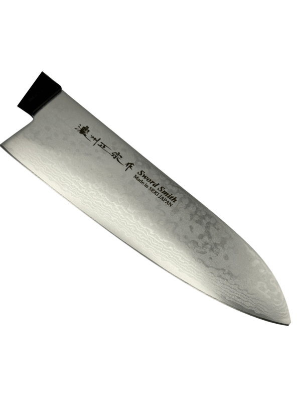 Japanese knife blade with intricate pattern and markings.