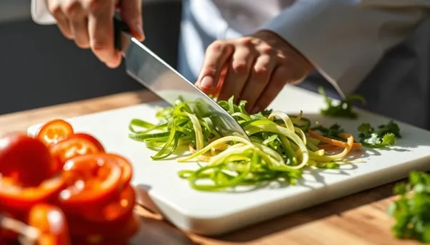 Chef slicing vegetables on cutting board.