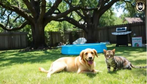 Dog and cat relax in sunny backyard