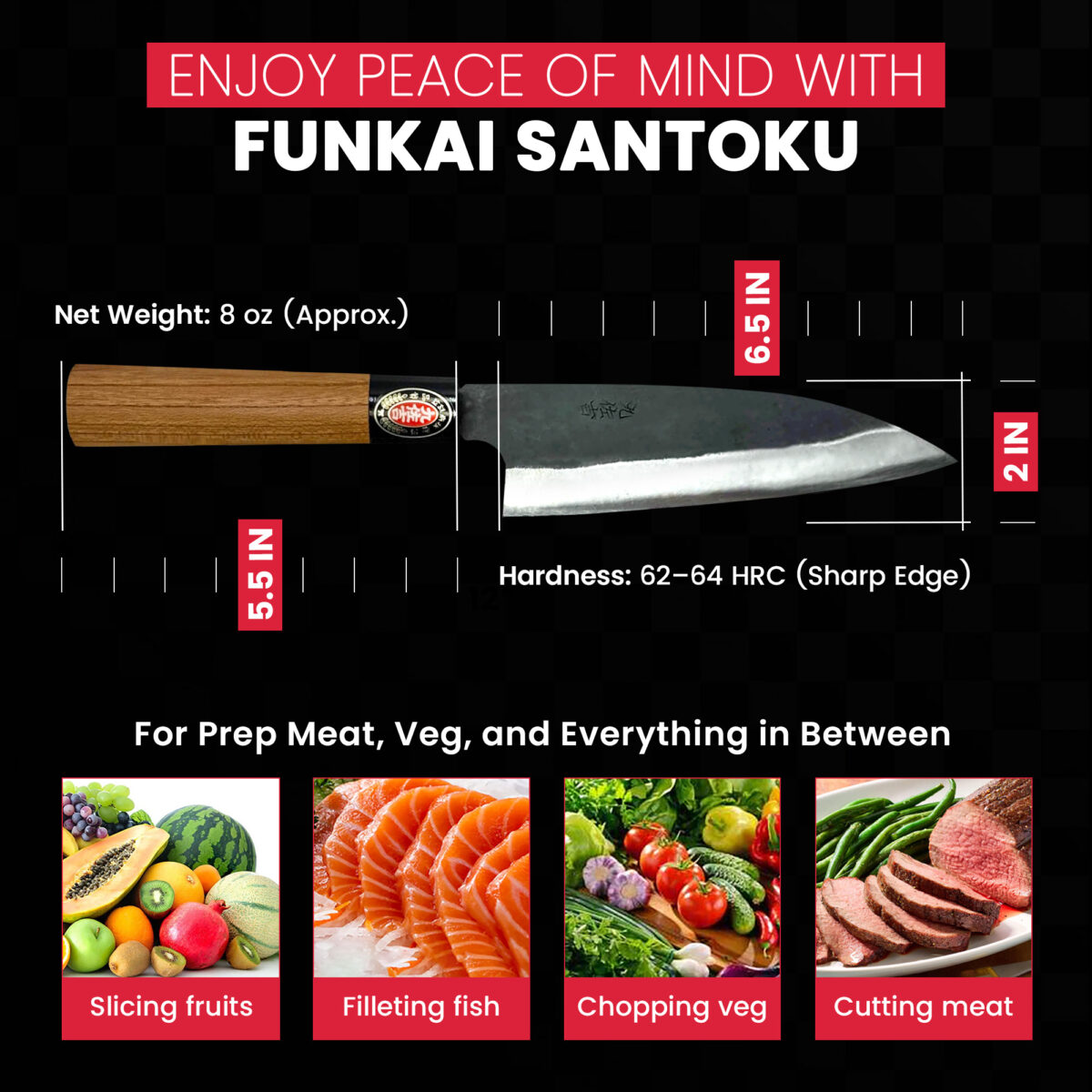 Funkai Santoku knife for slicing, filleting, chopping, cutting.