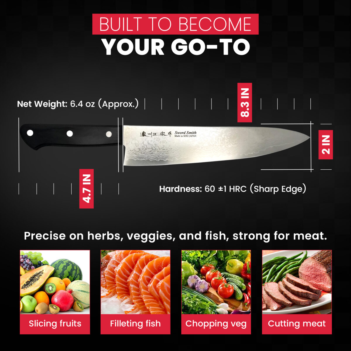 Chef knife with dimensions, ideal for various tasks.