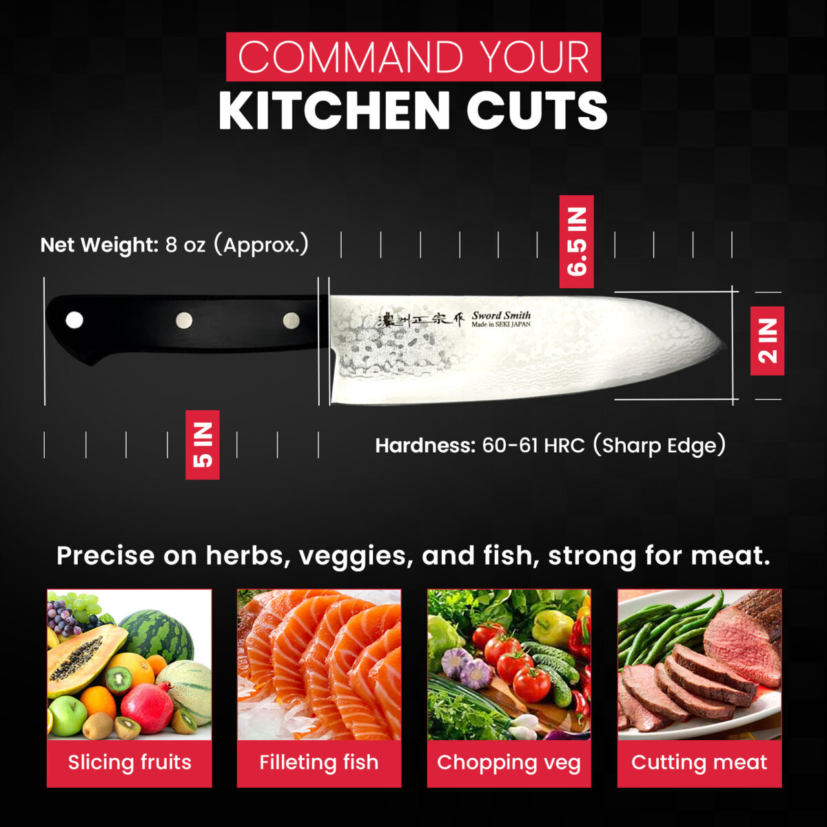 Japanese kitchen knife for precise fruit and meat cutting.