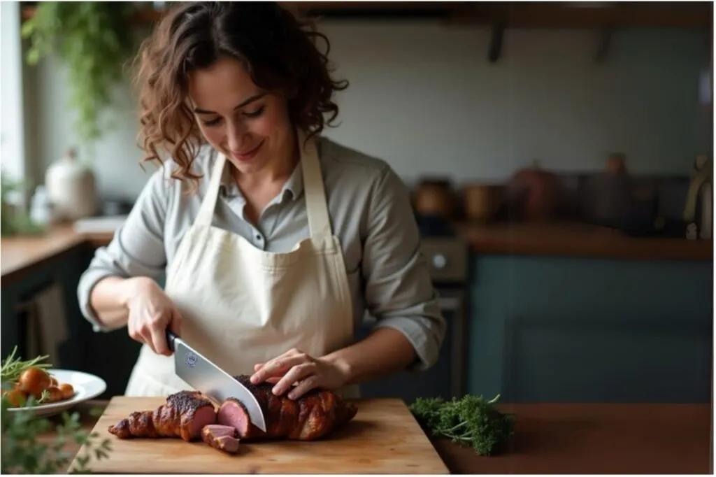 Woman slicing roasted meat on a cutting board.
