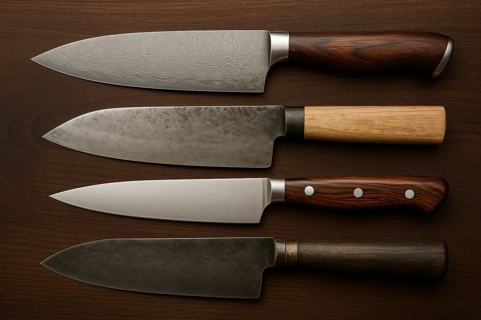 Four chef knives on wooden surface.