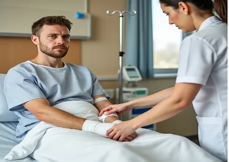 Nurse caring for patient in hospital bed