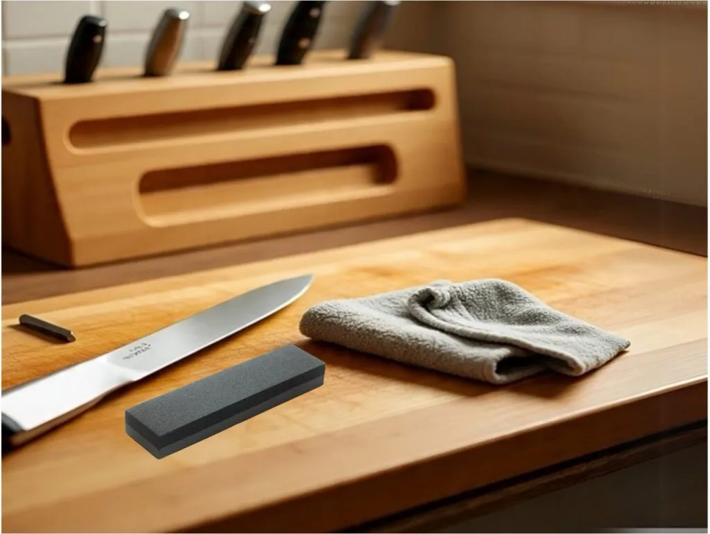 Kitchen knife with sharpening stone and cloth on counter.
