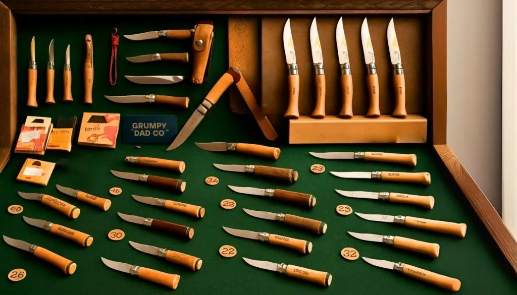 Display of wooden-handled folding knives on green surface.