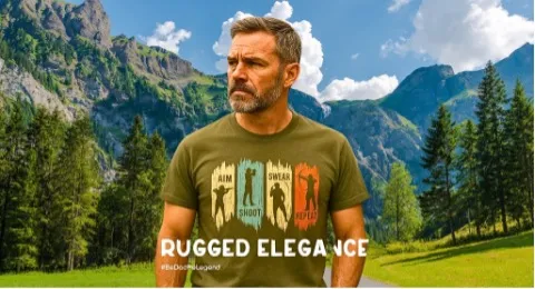 Man in rugged-themed clothing in scenic mountains.