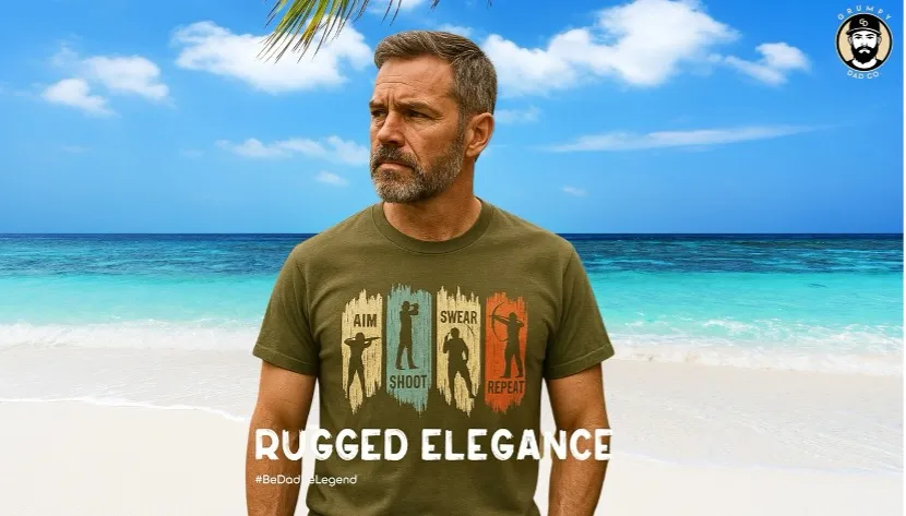 A bearded man in a graphic tee stands on a beach with the slogan “Rugged Elegance” below.