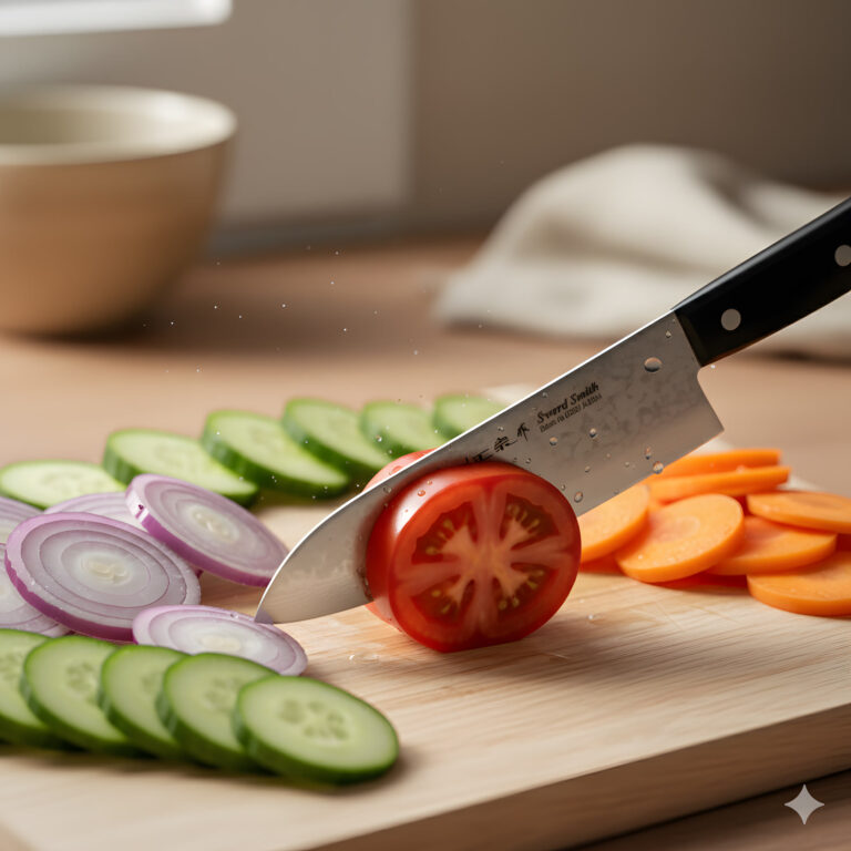 Knife slicing vegetables on wooden cutting board.