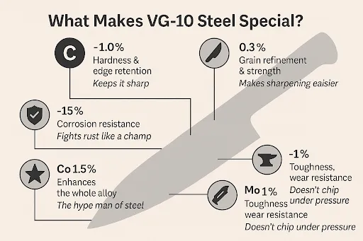 Features of VG-10 steel in kitchen knives.