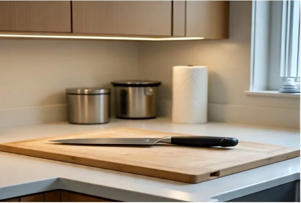 Knife on cutting board in modern kitchen.