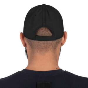 Back view of person wearing black baseball cap