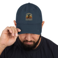 Man wearing 'Cycling Dad' hat adjusting brim.