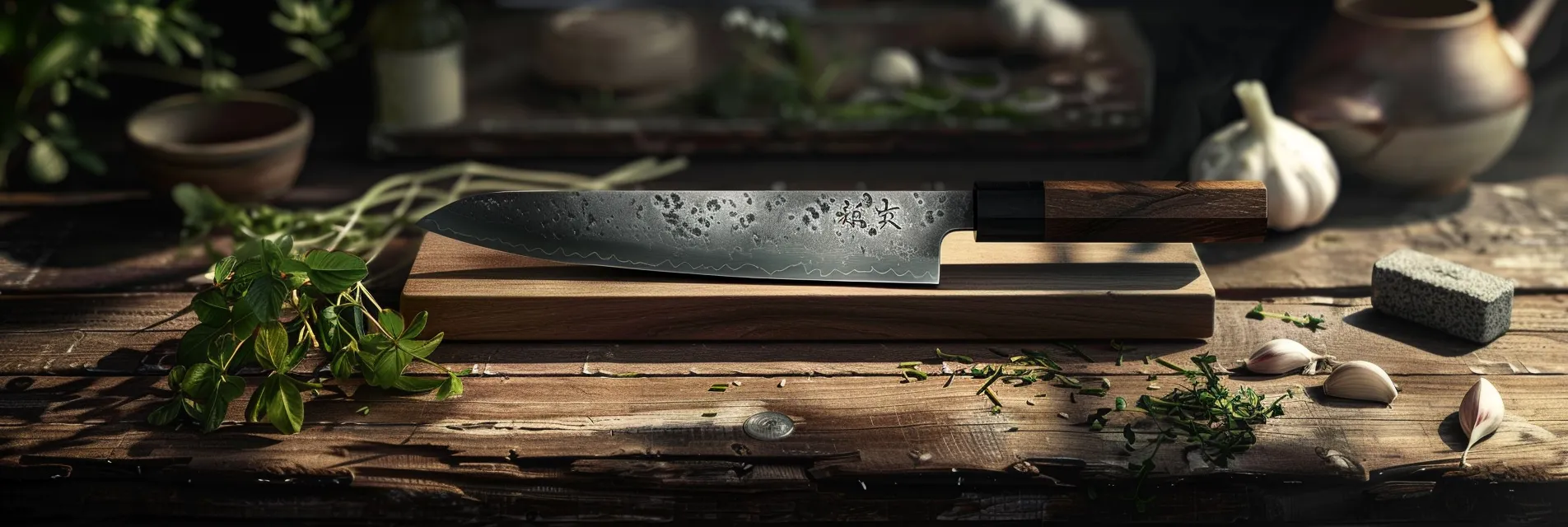 Sharp kitchen knife on wooden cutting board.