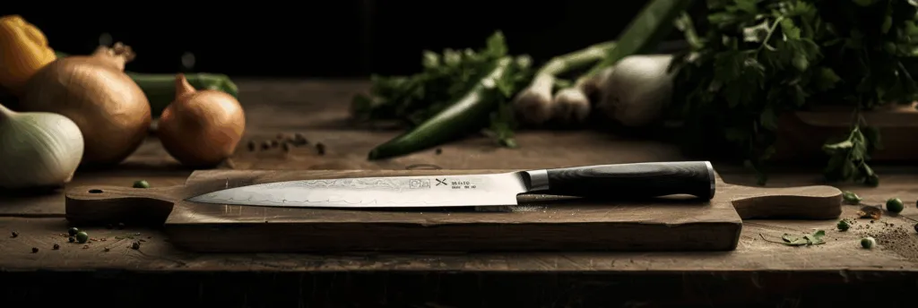 Chef's knife on cutting board with vegetables