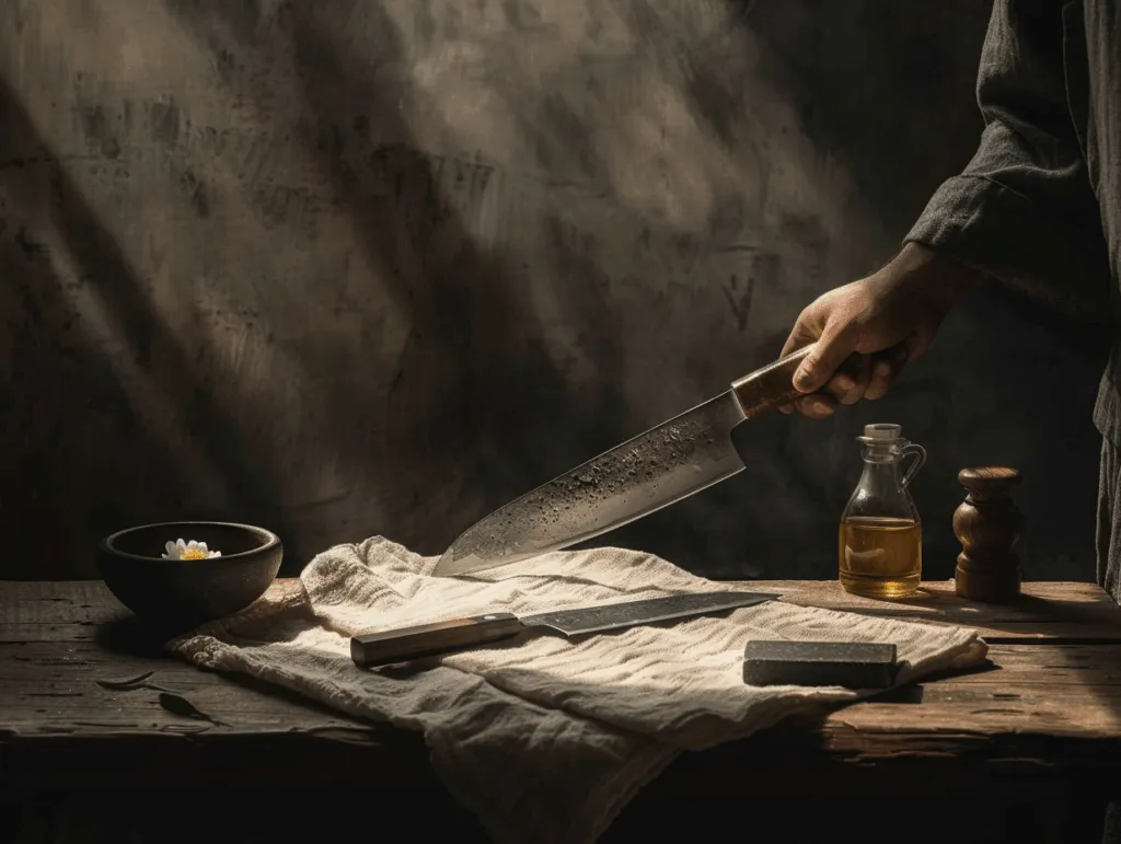 Chef's knife on rustic wooden table setting.