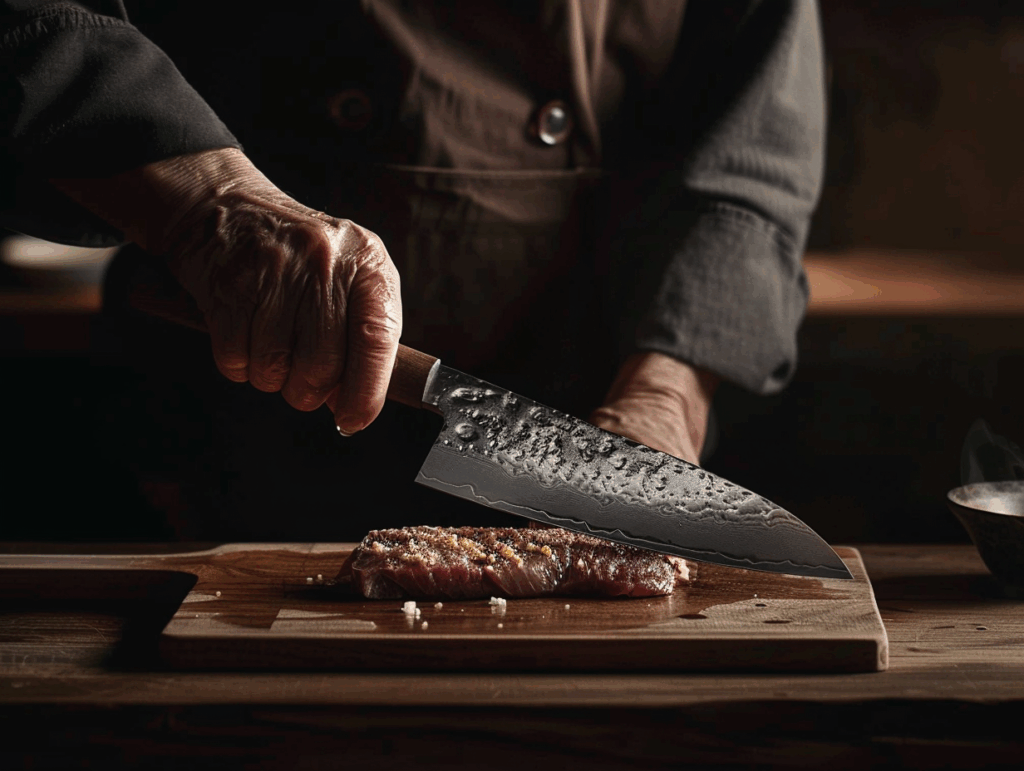 Chef slicing seasoned meat on rustic board.