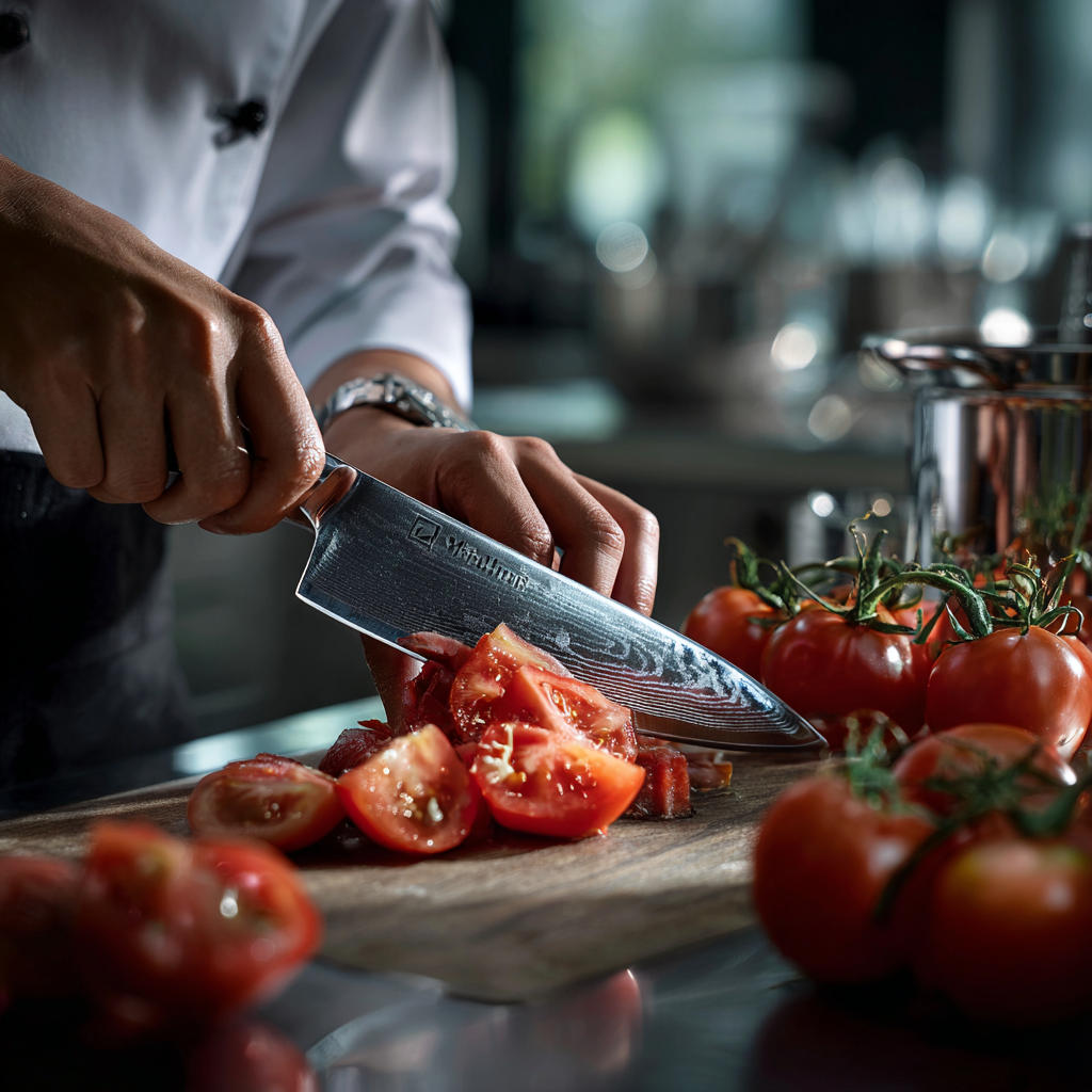 Chef slicing tomatoes on wooden board.