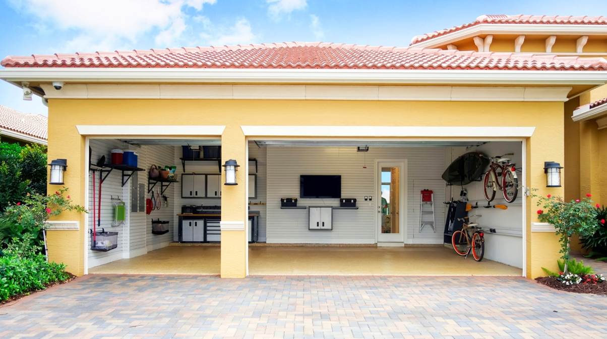 Modern organized garage with bikes and storage solutions.