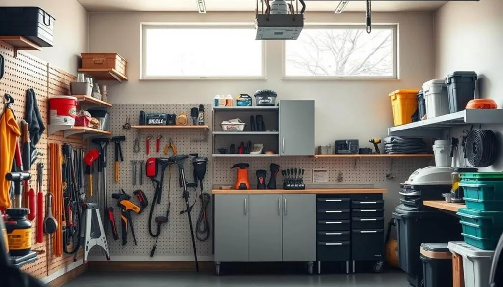 Organized garage workshop with tools on pegboard.