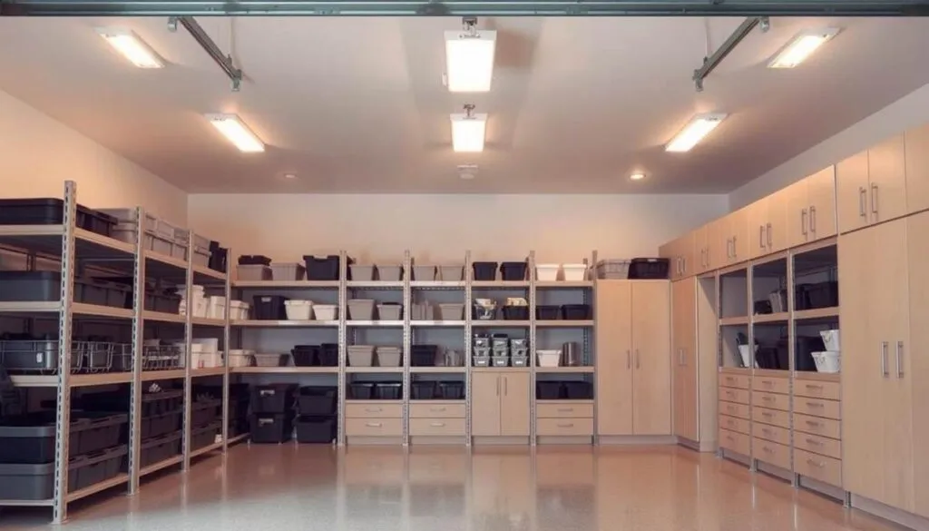 Organized storage shelves in a clean garage.