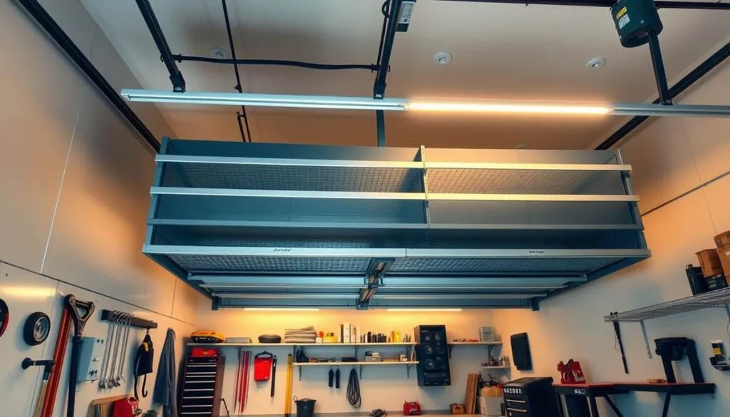 Garage with overhead storage and organized tools.
