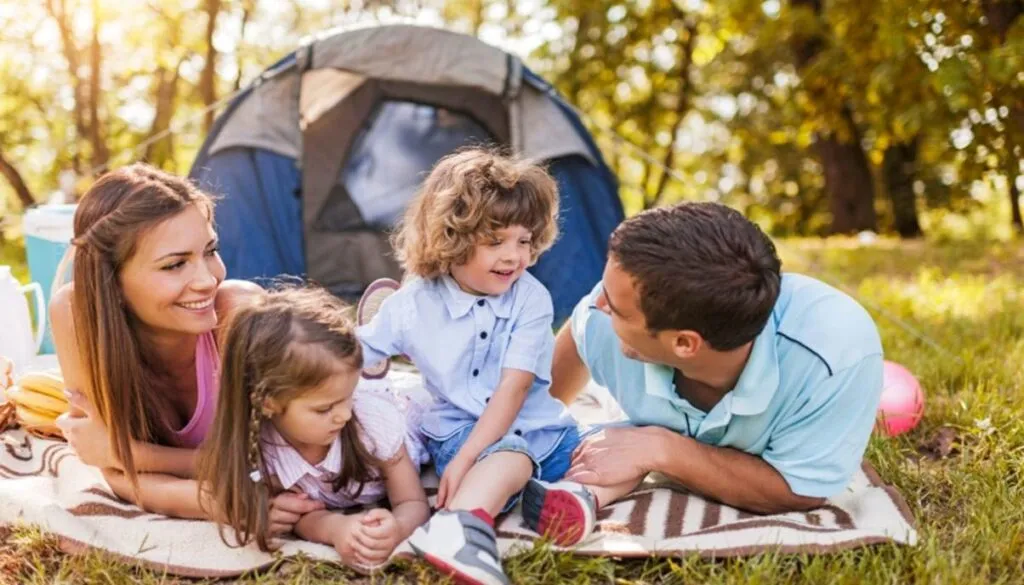 Family camping together outdoors, smiling and relaxed.