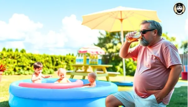 Man drinks beer while kids play in kiddie pool.