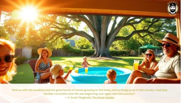 A joyful summer backyard gathering with family relaxing around a kiddie pool under a sprawling tree, glowing in golden sunlight, accompanied by a quote from The Great Gatsby.