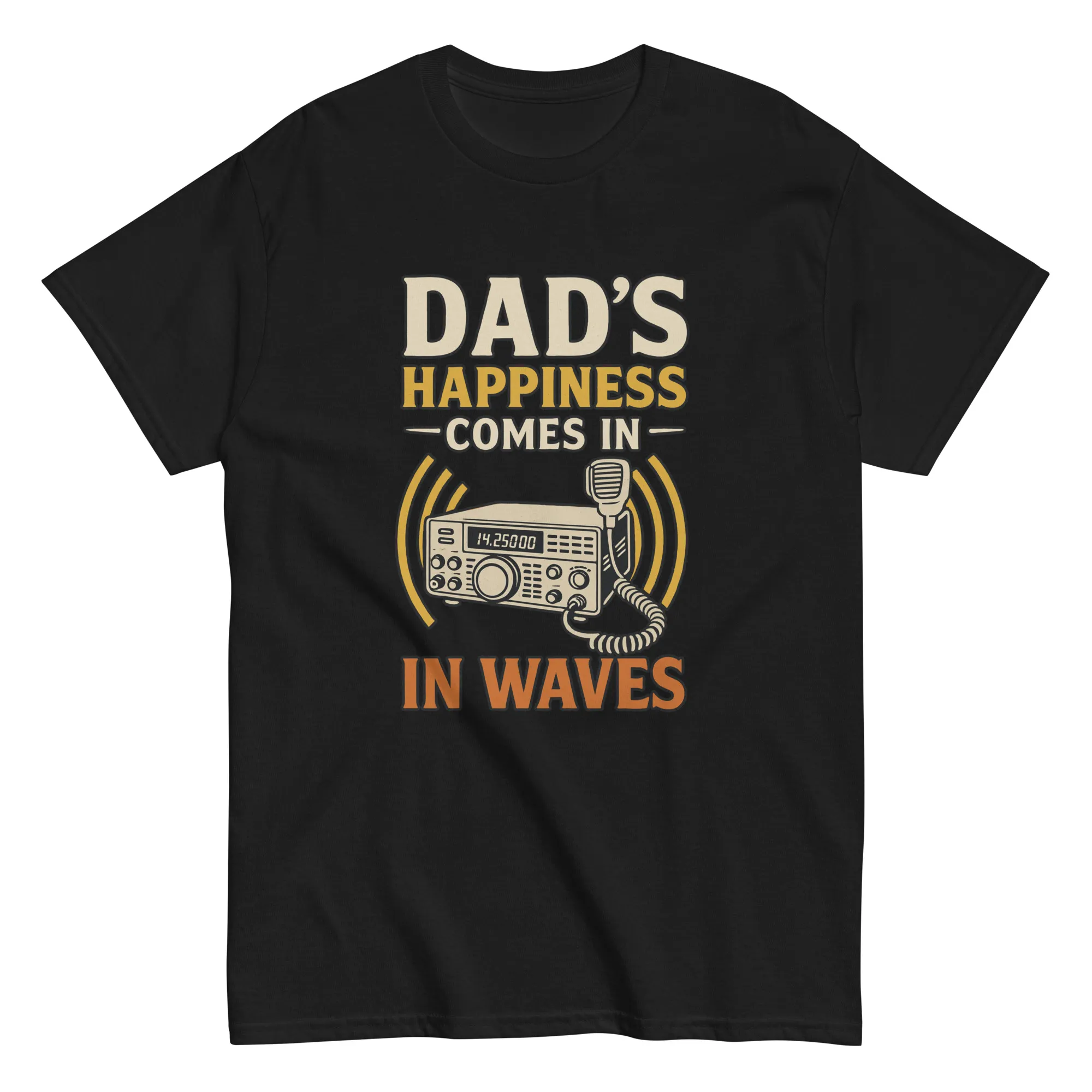 unisex-classic-tee-black-front-686dfae106b23.jpg Black t-shirt with radio-themed dad quote.
