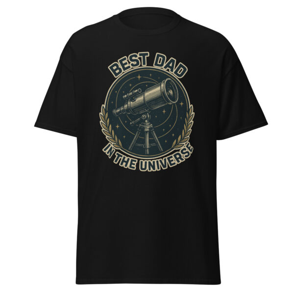 T-shirt with the phrase “Best Dad in the Universe” and galaxy-themed design