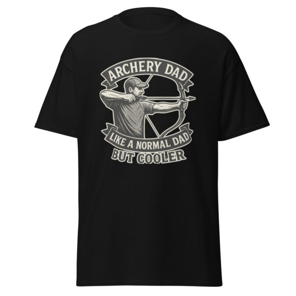Black t-shirt with archery dad graphic and text.