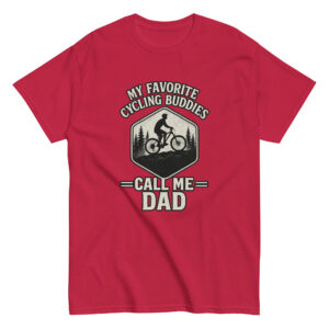 Red cycling T-shirt with 'Call Me Dad' design.