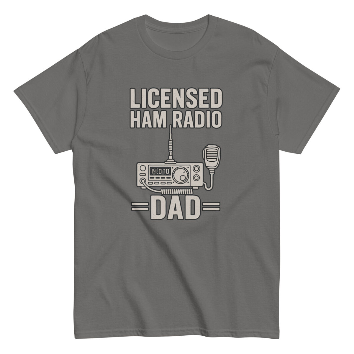 Gray shirt with licensed ham radio dad design.