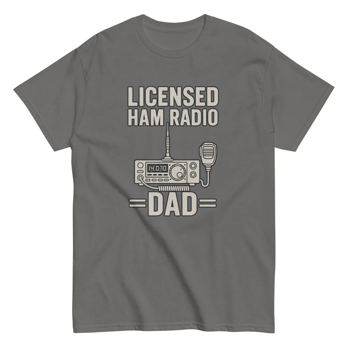 Gray shirt with licensed ham radio dad design.